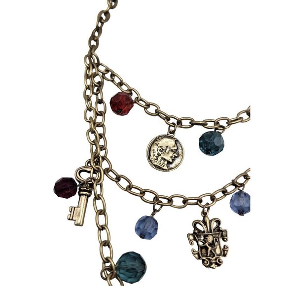 Multistrand Charm Necklace 22" Brass Tone Beads Locks Keys Shield Charms - Picture 13 of 16